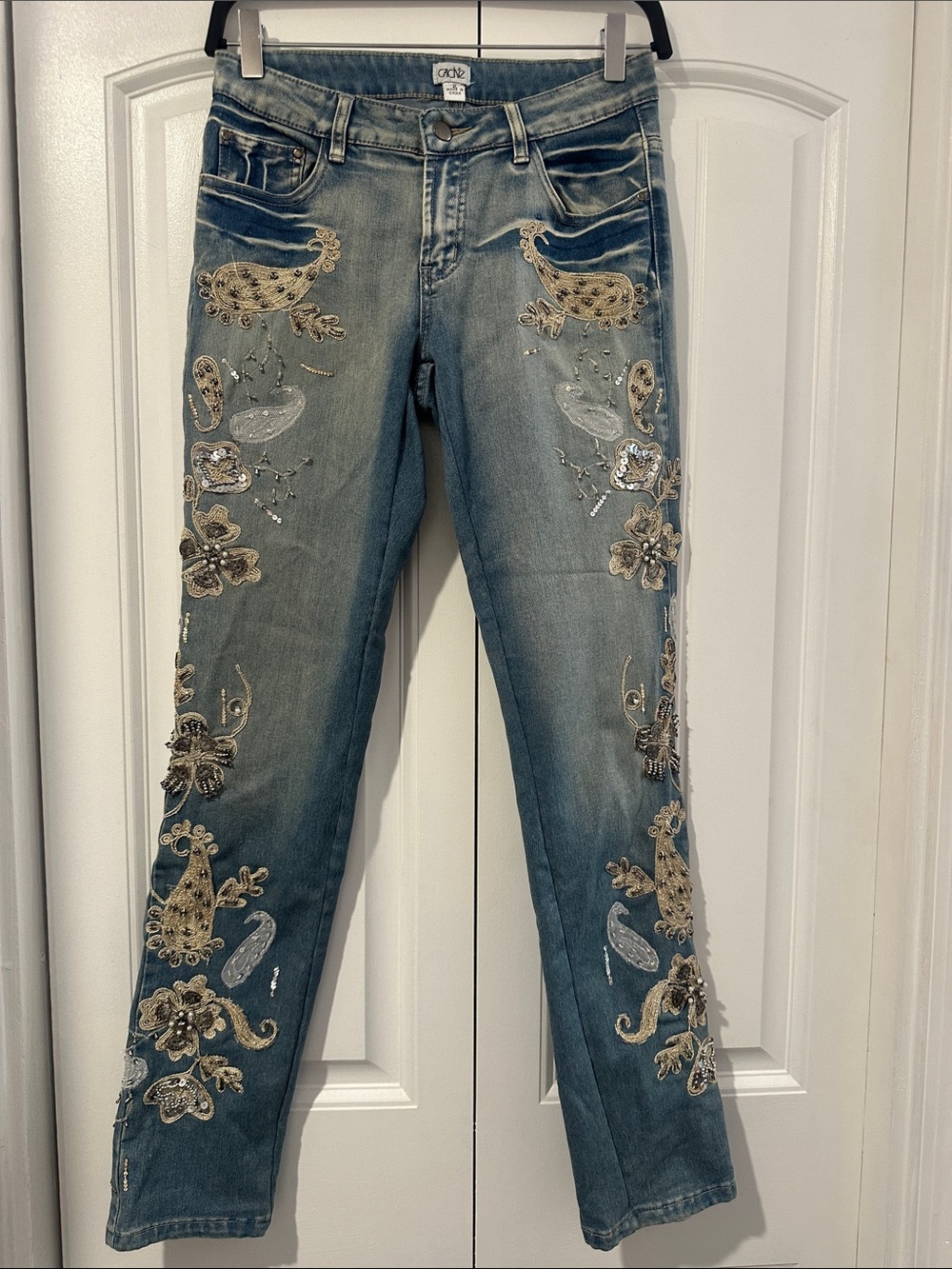 Vintage Cache Straight Leg Stretch Jeans with Gold Silver Beading & Embroidery